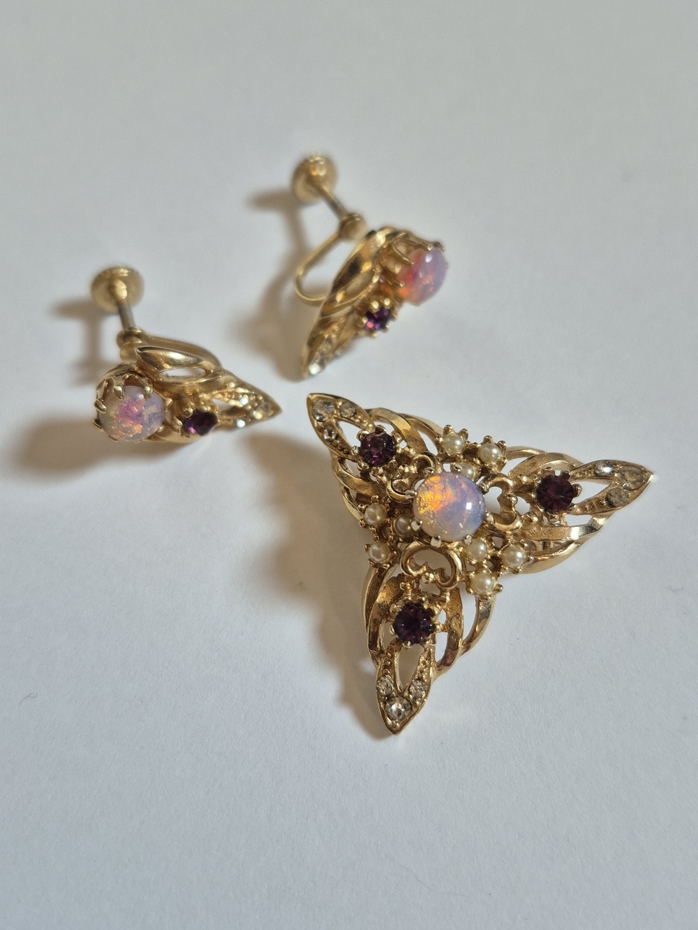Vintage Gold-Tone Opal & Purple Stone Brooch and Clip-On Earring Set